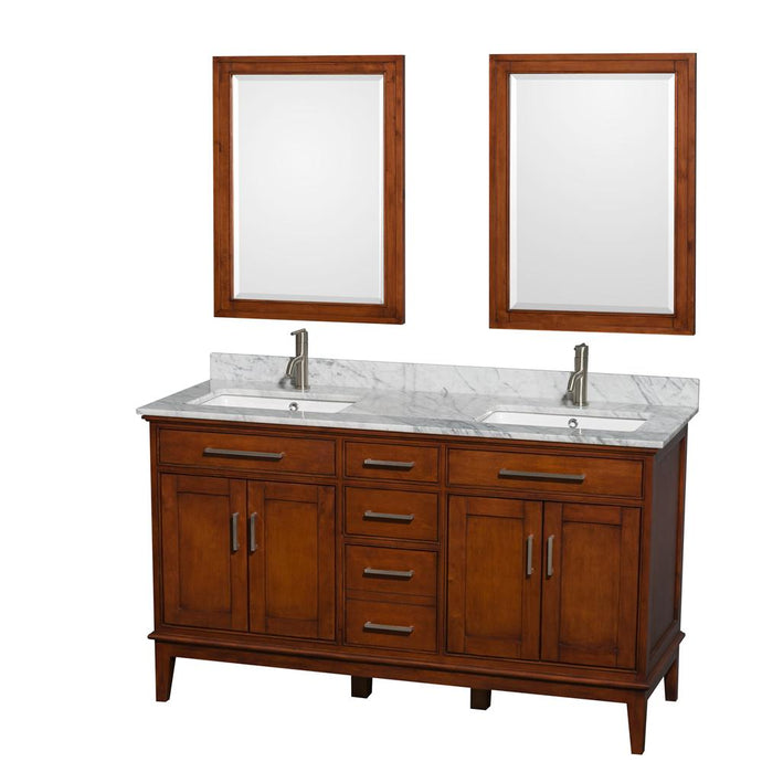 Wyndham Collection Vanity Wyndham Collection WCV161660DCLCMUNSM24 Hatton 60 Inch Double Bathroom Vanity in Light Chestnut, White Carrara Marble Countertop, Undermount Square Sinks, and 24 Inch Mirrors