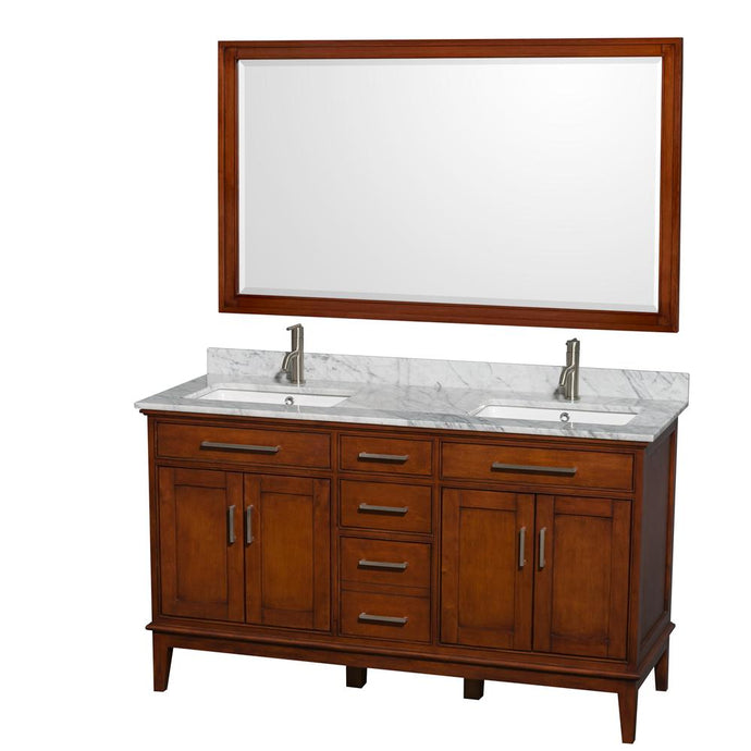Wyndham Collection Vanity Wyndham Collection WCV161660DCLCMUNSM56 Hatton 60 Inch Double Bathroom Vanity in Light Chestnut, White Carrara Marble Countertop, Undermount Square Sinks, and 56 Inch Mirror