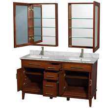 Load image into Gallery viewer, Wyndham Collection Vanity Wyndham Collection WCV161660DCLCMUNSMED Hatton 60 Inch Double Bathroom Vanity in Light Chestnut, White Carrara Marble Countertop, Undermount Square Sinks, 24 Inch Medicine Cabinets