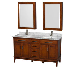 Load image into Gallery viewer, Wyndham Collection Vanity Wyndham Collection WCV161660DCLCMUNSMED Hatton 60 Inch Double Bathroom Vanity in Light Chestnut, White Carrara Marble Countertop, Undermount Square Sinks, 24 Inch Medicine Cabinets