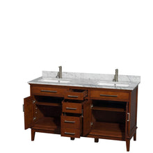 Load image into Gallery viewer, Wyndham Collection Vanity Wyndham Collection WCV161660DCLCMUNSMXX Hatton 60 Inch Double Bathroom Vanity in Light Chestnut, White Carrara Marble Countertop, Undermount Square Sinks, and No Mirror
