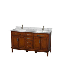 Load image into Gallery viewer, Wyndham Collection Vanity Wyndham Collection WCV161660DCLCMUNSMXX Hatton 60 Inch Double Bathroom Vanity in Light Chestnut, White Carrara Marble Countertop, Undermount Square Sinks, and No Mirror