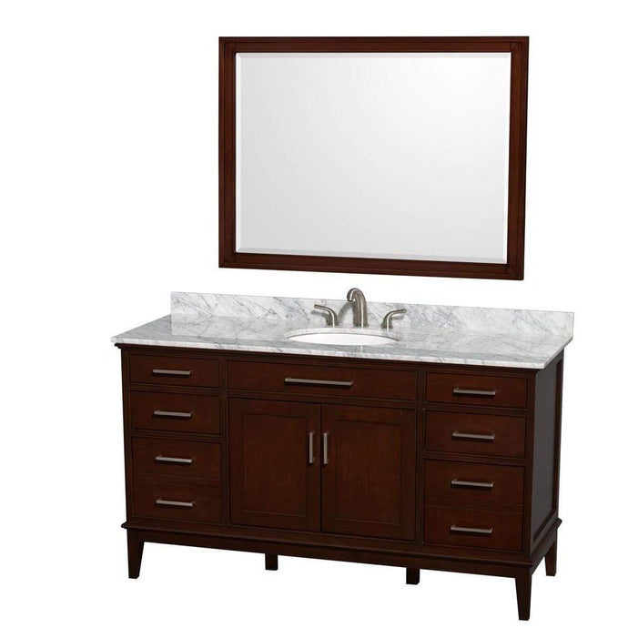 Wyndham Collection Vanity Wyndham Collection WCV161660SCDCMUNRM44 Hatton 60 Inch Single Bathroom Vanity in Dark Chestnut, White Carrara Marble Countertop, Undermount Oval Sink, and 44 Inch Mirror