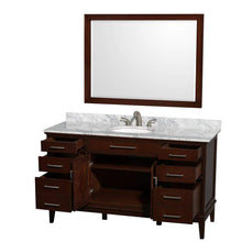 Load image into Gallery viewer, Wyndham Collection Vanity Wyndham Collection WCV161660SCDCMUNRM44 Hatton 60 Inch Single Bathroom Vanity in Dark Chestnut, White Carrara Marble Countertop, Undermount Oval Sink, and 44 Inch Mirror
