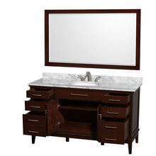 Load image into Gallery viewer, Wyndham Collection Vanity Wyndham Collection WCV161660SCDCMUNRM56 Hatton 60 Inch Single Bathroom Vanity in Dark Chestnut, White Carrara Marble Countertop, Undermount Oval Sink, and 56 Inch Mirror
