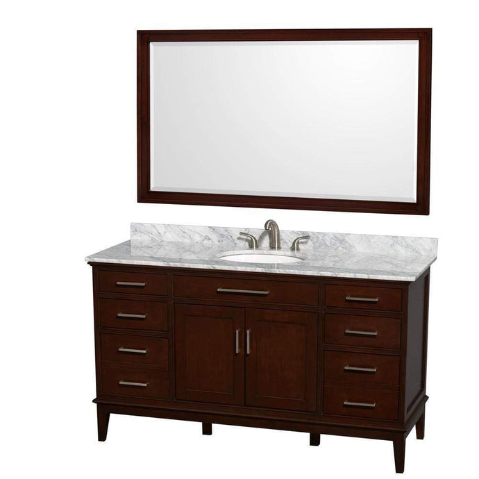 Wyndham Collection Vanity Wyndham Collection WCV161660SCDCMUNRM56 Hatton 60 Inch Single Bathroom Vanity in Dark Chestnut, White Carrara Marble Countertop, Undermount Oval Sink, and 56 Inch Mirror