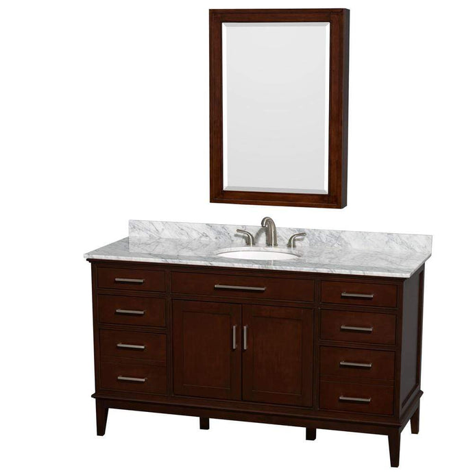 Wyndham Collection Vanity Wyndham Collection WCV161660SCDCMUNRMED Hatton 60 Inch Single Bathroom Vanity in Dark Chestnut, White Carrara Marble Countertop, Undermount Oval Sink, and Medicine Cabinet