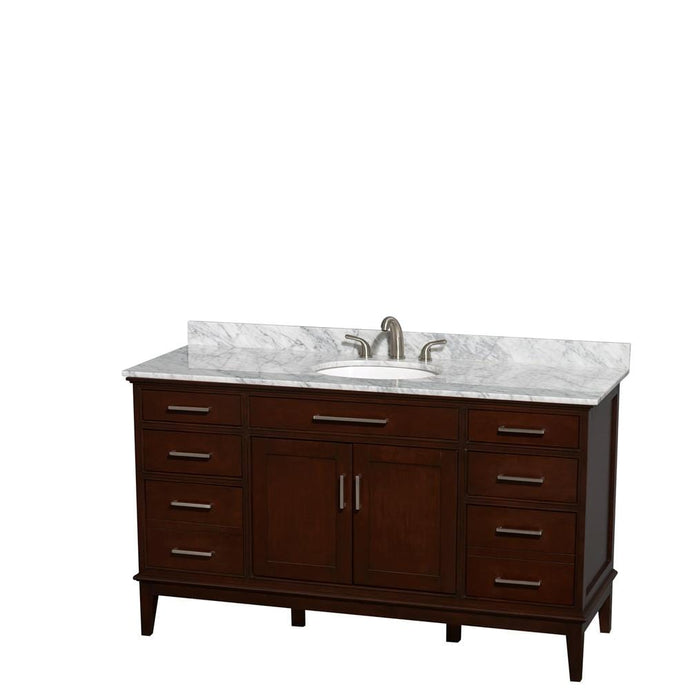 Wyndham Collection Vanity Wyndham Collection WCV161660SCDCMUNRMXX Hatton 60 Inch Single Bathroom Vanity in Dark Chestnut, White Carrara Marble Countertop, Undermount Oval Sink, and No Mirror