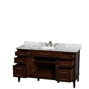 Wyndham Collection Vanity Wyndham Collection WCV161660SCDCMUNRMXX Hatton 60 Inch Single Bathroom Vanity in Dark Chestnut, White Carrara Marble Countertop, Undermount Oval Sink, and No Mirror