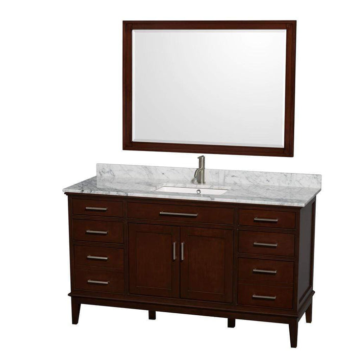 Wyndham Collection Vanity Wyndham Collection WCV161660SCDCMUNSM44 Hatton 60 Inch Single Bathroom Vanity in Dark Chestnut, White Carrara Marble Countertop, Undermount Square Sink, and 44 Inch Mirror