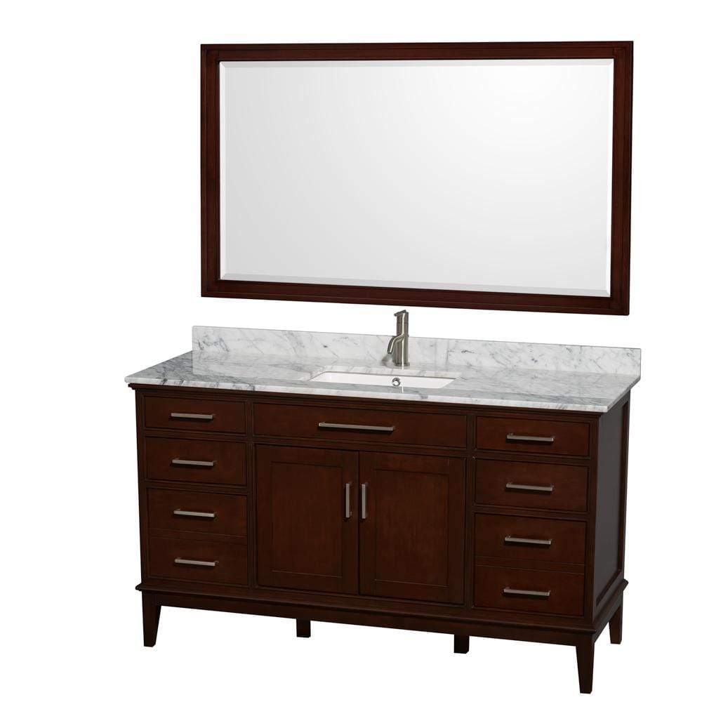Wyndham Collection Vanity Wyndham Collection WCV161660SCDCMUNSM56 Hatton 60 Inch Single Bathroom Vanity in Dark Chestnut, White Carrara Marble Countertop, Undermount Square Sink, and 56 Inch Mirror