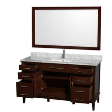 Load image into Gallery viewer, Wyndham Collection Vanity Wyndham Collection WCV161660SCDCMUNSM56 Hatton 60 Inch Single Bathroom Vanity in Dark Chestnut, White Carrara Marble Countertop, Undermount Square Sink, and 56 Inch Mirror