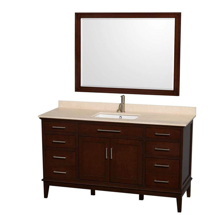 Wyndham Collection Vanity Wyndham Collection WCV161660SCDIVUNSM44 Hatton 60 Inch Single Bathroom Vanity in Dark Chestnut, Ivory Marble Countertop, Undermount Square Sink, and 44 Inch Mirror