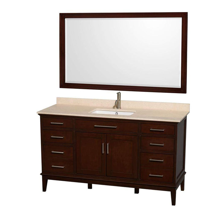 Wyndham Collection Vanity Wyndham Collection WCV161660SCDIVUNSM56 Hatton 60 Inch Single Bathroom Vanity in Dark Chestnut, Ivory Marble Countertop, Undermount Square Sink, and 56 Inch Mirror