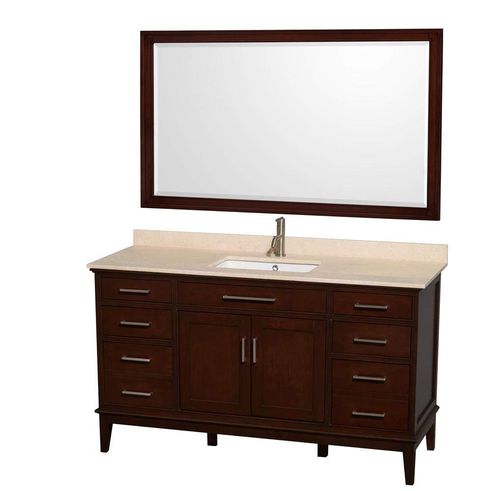 Wyndham Collection Vanity Wyndham Collection WCV161660SCDIVUNSM56 Hatton 60 Inch Single Bathroom Vanity in Dark Chestnut, Ivory Marble Countertop, Undermount Square Sink, and 56 Inch Mirror