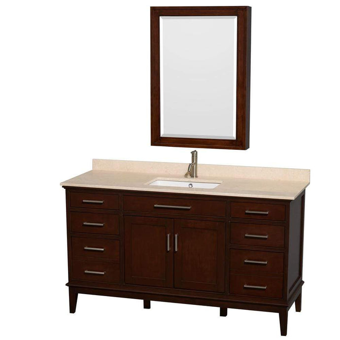 Wyndham Collection Vanity Wyndham Collection WCV161660SCDIVUNSMED Hatton 60 Inch Single Bathroom Vanity in Dark Chestnut, Ivory Marble Countertop, Undermount Square Sink, and Medicine Cabinet