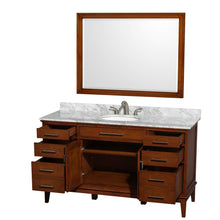 Load image into Gallery viewer, Wyndham Collection Vanity Wyndham Collection WCV161660SCLCMUNRM44 Hatton 60 Inch Single Bathroom Vanity in Light Chestnut, White Carrara Marble Countertop, Undermount Oval Sink, and 44 Inch Mirror