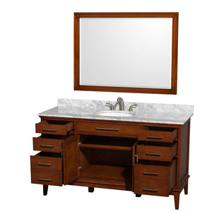 Wyndham Collection Vanity Wyndham Collection WCV161660SCLCMUNRM44 Hatton 60 Inch Single Bathroom Vanity in Light Chestnut, White Carrara Marble Countertop, Undermount Oval Sink, and 44 Inch Mirror