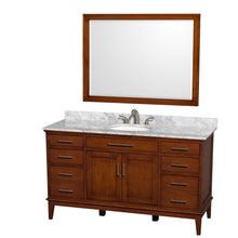 Load image into Gallery viewer, Wyndham Collection Vanity Wyndham Collection WCV161660SCLCMUNRM44 Hatton 60 Inch Single Bathroom Vanity in Light Chestnut, White Carrara Marble Countertop, Undermount Oval Sink, and 44 Inch Mirror
