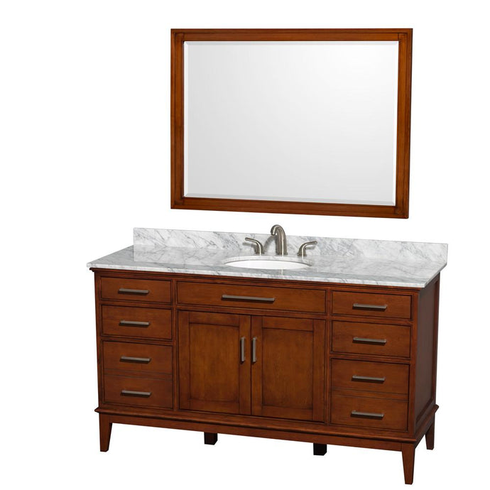 Wyndham Collection Vanity Wyndham Collection WCV161660SCLCMUNRM44 Hatton 60 Inch Single Bathroom Vanity in Light Chestnut, White Carrara Marble Countertop, Undermount Oval Sink, and 44 Inch Mirror