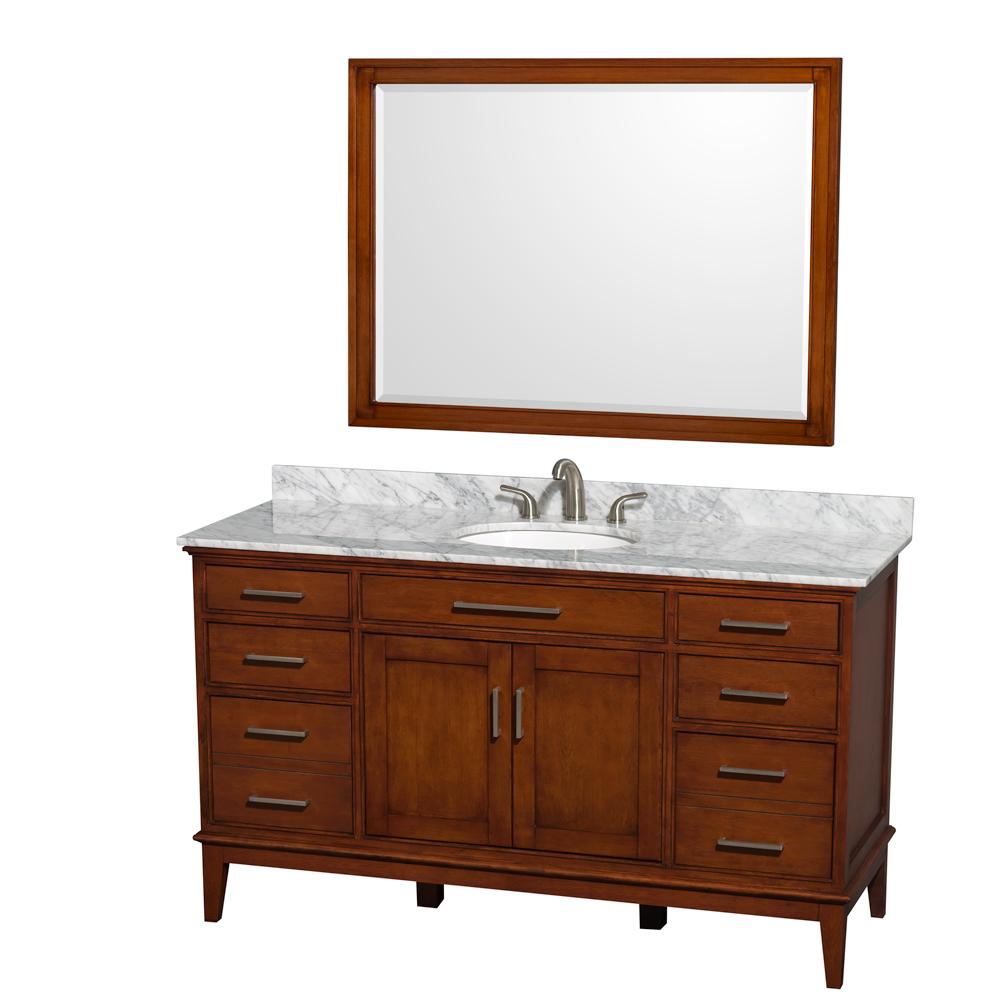 Wyndham Collection Vanity Wyndham Collection WCV161660SCLCMUNRM44 Hatton 60 Inch Single Bathroom Vanity in Light Chestnut, White Carrara Marble Countertop, Undermount Oval Sink, and 44 Inch Mirror