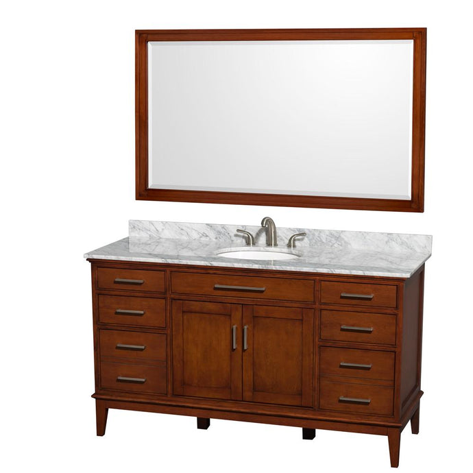Wyndham Collection Vanity Wyndham Collection WCV161660SCLCMUNRM56 Hatton 60 Inch Single Bathroom Vanity in Light Chestnut, White Carrara Marble Countertop, Undermount Oval Sink, and 56 Inch Mirror