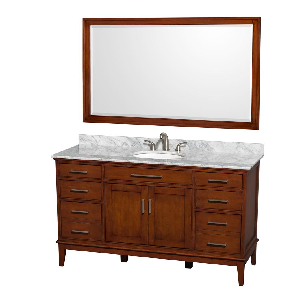 Wyndham Collection Vanity Wyndham Collection WCV161660SCLCMUNRM56 Hatton 60 Inch Single Bathroom Vanity in Light Chestnut, White Carrara Marble Countertop, Undermount Oval Sink, and 56 Inch Mirror