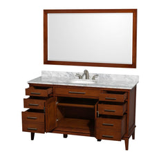 Load image into Gallery viewer, Wyndham Collection Vanity Wyndham Collection WCV161660SCLCMUNRM56 Hatton 60 Inch Single Bathroom Vanity in Light Chestnut, White Carrara Marble Countertop, Undermount Oval Sink, and 56 Inch Mirror
