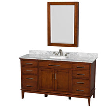 Load image into Gallery viewer, Wyndham Collection Vanity Wyndham Collection WCV161660SCLCMUNRMED Hatton 60 Inch Single Bathroom Vanity in Light Chestnut, White Carrara Marble Countertop, Undermount Oval Sink, and Medicine Cabinet