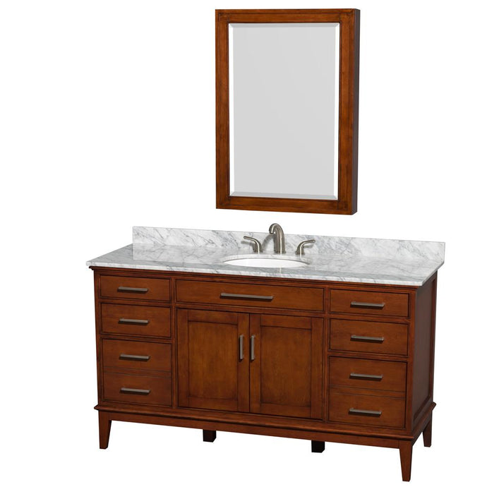 Wyndham Collection Vanity Wyndham Collection WCV161660SCLCMUNRMED Hatton 60 Inch Single Bathroom Vanity in Light Chestnut, White Carrara Marble Countertop, Undermount Oval Sink, and Medicine Cabinet