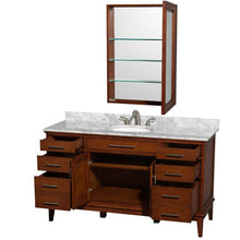 Load image into Gallery viewer, Wyndham Collection Vanity Wyndham Collection WCV161660SCLCMUNRMED Hatton 60 Inch Single Bathroom Vanity in Light Chestnut, White Carrara Marble Countertop, Undermount Oval Sink, and Medicine Cabinet