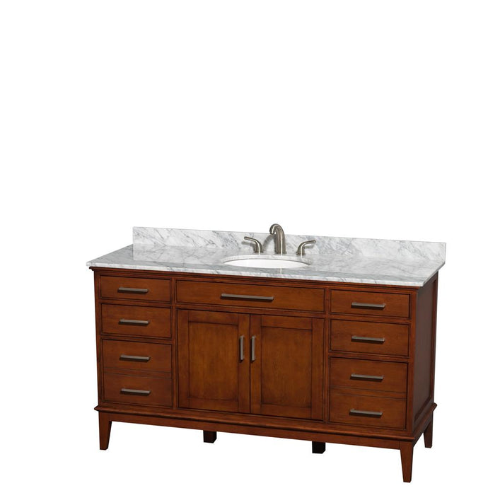 Wyndham Collection Vanity Wyndham Collection WCV161660SCLCMUNRMXX Hatton 60 Inch Single Bathroom Vanity in Light Chestnut, White Carrara Marble Countertop, Undermount Oval Sink, and No Mirror