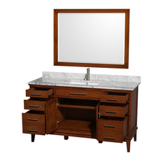 Load image into Gallery viewer, Wyndham Collection Vanity Wyndham Collection WCV161660SCLCMUNSM44 Hatton 60 Inch Single Bathroom Vanity in Light Chestnut, White Carrara Marble Countertop, Undermount Square Sink, and 44 Inch Mirror