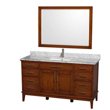 Load image into Gallery viewer, Wyndham Collection Vanity Wyndham Collection WCV161660SCLCMUNSM44 Hatton 60 Inch Single Bathroom Vanity in Light Chestnut, White Carrara Marble Countertop, Undermount Square Sink, and 44 Inch Mirror