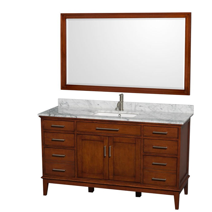 Wyndham Collection Vanity Wyndham Collection WCV161660SCLCMUNSM56 Hatton 60 Inch Single Bathroom Vanity in Light Chestnut, White Carrara Marble Countertop, Undermount Square Sink, and 56 Inch Mirror