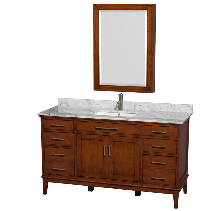 Wyndham Collection Vanity Wyndham Collection WCV161660SCLCMUNSMED Hatton 60 Inch Single Bathroom Vanity in Light Chestnut, White Carrara Marble Countertop, Undermount Square Sink, and Medicine Cabinet