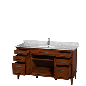 Wyndham Collection Vanity Wyndham Collection WCV161660SCLCMUNSMXX Hatton 60 Inch Single Bathroom Vanity in Light Chestnut, White Carrara Marble Countertop, Undermount Square Sink, and No Mirror