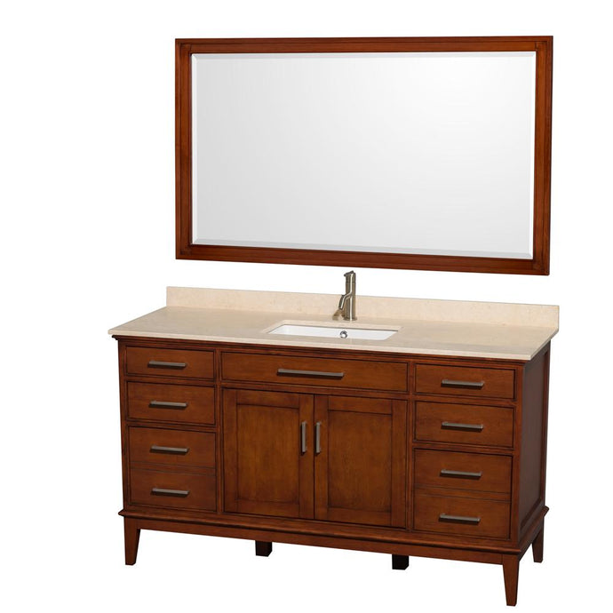 Wyndham Collection Vanity Wyndham Collection WCV161660SCLIVUNSM56 Hatton 60 Inch Single Bathroom Vanity in Light Chestnut, Ivory Marble Countertop, Undermount Square Sink, and 56 Inch Mirror