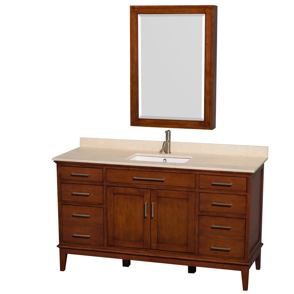 Wyndham Collection Vanity Wyndham Collection WCV161660SCLIVUNSMED Hatton 60 Inch Single Bathroom Vanity in Light Chestnut, Ivory Marble Countertop, Undermount Square Sink, and Medicine Cabinet
