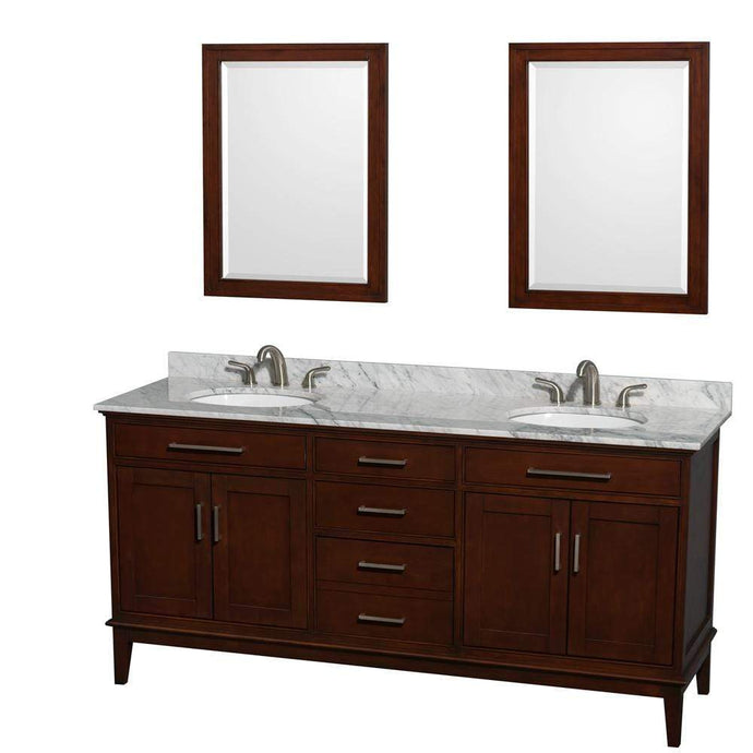 Wyndham Collection Vanity Wyndham Collection WCV161672DCDCMUNRM24 Hatton 72 Inch Double Bathroom Vanity in Dark Chestnut, White Carrara Marble Countertop, Undermount Oval Sinks, and 24 Inch Mirrors