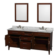 Load image into Gallery viewer, Wyndham Collection Vanity Wyndham Collection WCV161672DCDCMUNRM24 Hatton 72 Inch Double Bathroom Vanity in Dark Chestnut, White Carrara Marble Countertop, Undermount Oval Sinks, and 24 Inch Mirrors