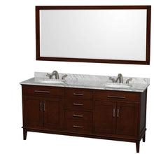 Load image into Gallery viewer, Wyndham Collection Vanity Wyndham Collection WCV161672DCDCMUNRM70 Hatton 72 Inch Double Bathroom Vanity in Dark Chestnut, White Carrara Marble Countertop, Undermount Oval Sinks, and 70 Inch Mirror