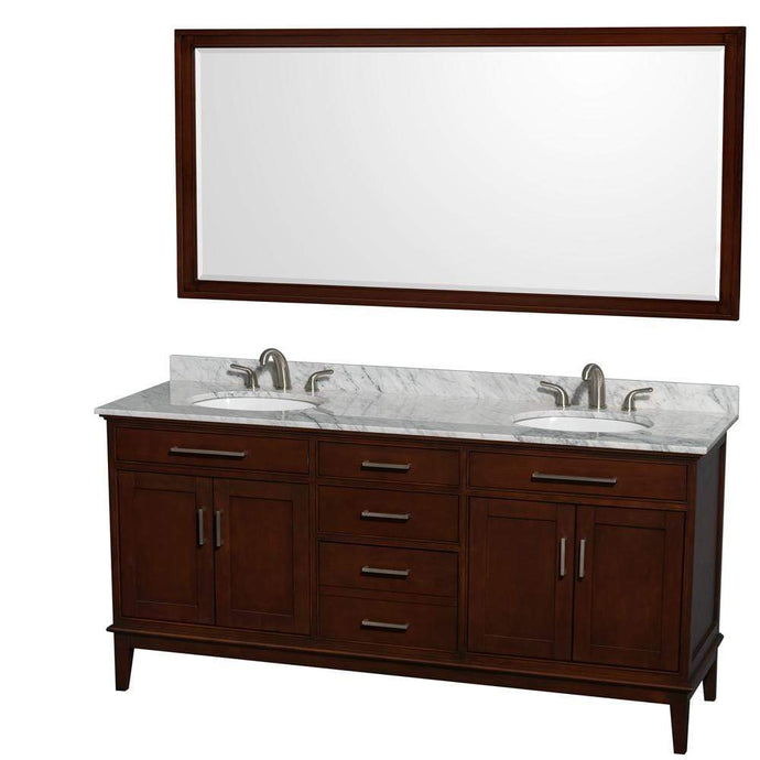 Wyndham Collection Vanity Wyndham Collection WCV161672DCDCMUNRM70 Hatton 72 Inch Double Bathroom Vanity in Dark Chestnut, White Carrara Marble Countertop, Undermount Oval Sinks, and 70 Inch Mirror