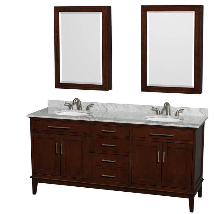 Wyndham Collection Vanity Wyndham Collection WCV161672DCDCMUNRMED Hatton 72 Inch Double Bathroom Vanity in Dark Chestnut, White Carrara Marble Countertop, Undermount Oval Sinks, and Medicine Cabinets