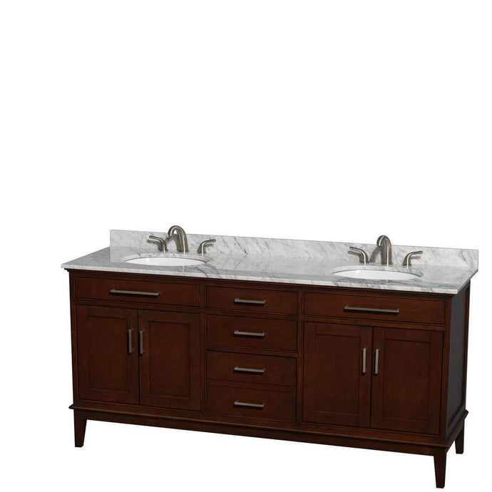 Wyndham Collection Vanity Wyndham Collection WCV161672DCDCMUNRMXX Hatton 72 Inch Double Bathroom Vanity in Dark Chestnut, White Carrara Marble Countertop, Undermount Oval Sinks, and No Mirror