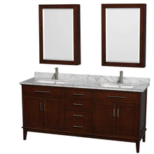 Load image into Gallery viewer, Wyndham Collection Vanity Wyndham Collection WCV161672DCDCMUNSMED Hatton 72 Inch Double Bathroom Vanity in Dark Chestnut, White Carrara Marble Countertop, Undermount Square Sinks, and Medicine Cabinets
