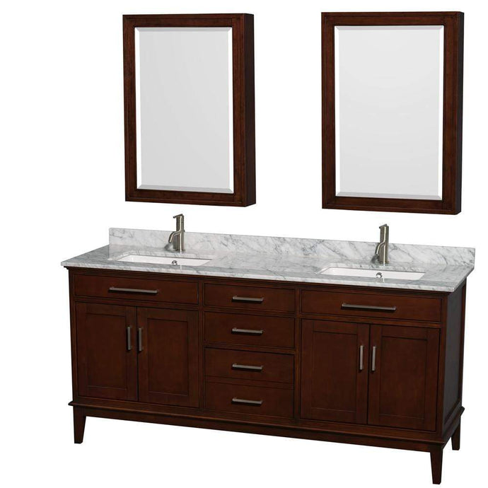 Wyndham Collection Vanity Wyndham Collection WCV161672DCDCMUNSMED Hatton 72 Inch Double Bathroom Vanity in Dark Chestnut, White Carrara Marble Countertop, Undermount Square Sinks, and Medicine Cabinets