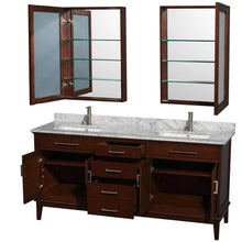 Load image into Gallery viewer, Wyndham Collection Vanity Wyndham Collection WCV161672DCDCMUNSMED Hatton 72 Inch Double Bathroom Vanity in Dark Chestnut, White Carrara Marble Countertop, Undermount Square Sinks, and Medicine Cabinets