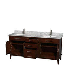 Load image into Gallery viewer, Wyndham Collection Vanity Wyndham Collection WCV161672DCDCMUNSMXX Hatton 72 Inch Double Bathroom Vanity in Dark Chestnut, White Carrara Marble Countertop, Undermount Square Sinks, and No Mirror