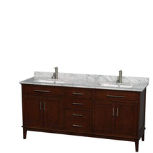 Load image into Gallery viewer, Wyndham Collection Vanity Wyndham Collection WCV161672DCDCMUNSMXX Hatton 72 Inch Double Bathroom Vanity in Dark Chestnut, White Carrara Marble Countertop, Undermount Square Sinks, and No Mirror